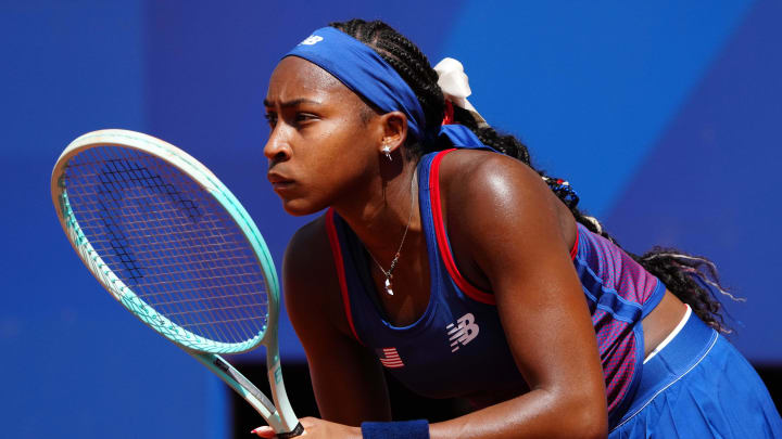 Jul 30, 2024; Paris, France; Coco Gauff (USA) in action during her third round tennis match during the Paris 2024 Olympic Summer Games at Stade Roland Garros. 