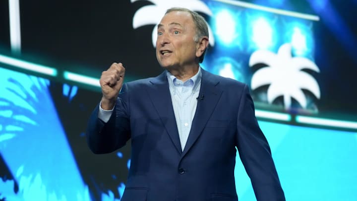 Jun 27, 2025; Los Angeles, California, USA; NHL Commissioner Gary Bettman greets fans to start the first round of the 2025 NHL Draft at Peacock Theater. Mandatory Credit: Kirby Lee-Imagn Images