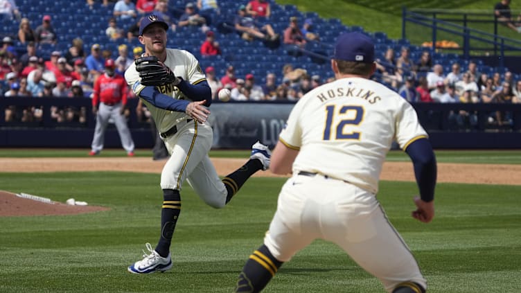 Mar 18, 2024; Phoenix, Arizona, USA; Milwaukee Brewers second baseman Brice Turang (2) makes the