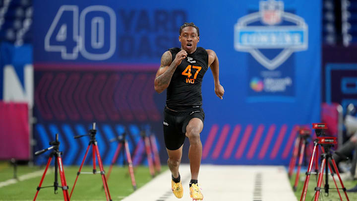 Former UNLV wideout Ricky White (WO47) during the 2025 NFL Combine at Lucas Oil Stadium.