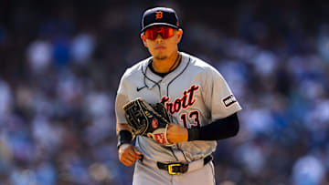 Jul 20, 2024; Toronto, Ontario, CAN; Detroit Tigers third base Gio Urshela (13) returns to the dugout against the Toronto Blue Jays at Rogers Centre.