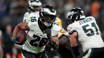 Sep 6, 2024; Sao Paulo, BRA; Philadelphia Eagles running back Saquon Barkley (26) runs during the first half against the Green Bay Packers at Neo Quimica Arena. Mandatory Credit: Kirby Lee-Imagn Images