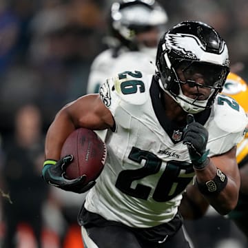 Sep 6, 2024; Sao Paulo, BRA; Philadelphia Eagles running back Saquon Barkley (26) runs during the first half against the Green Bay Packers at Neo Quimica Arena. Mandatory Credit: Kirby Lee-Imagn Images