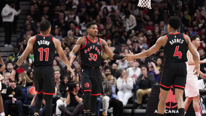 Ochai Agbaji, Scottie Barnes and Bruce Brown, Toronto Raptors