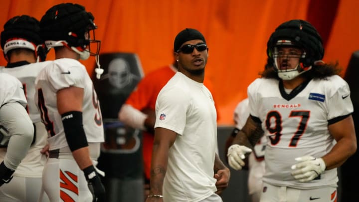 Cincinnati Bengals wide receiver Ja'Marr Chase (1) arrives at practice late, and out of uniform during an indoor practice at the Paycor Stadium practice facility in downtown Cincinnati on Wednesday, Aug. 28, 2024.