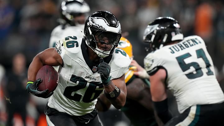 Sep 6, 2024; Sao Paulo, BRA; Philadelphia Eagles running back Saquon Barkley (26) runs during the first half against the Green Bay Packers at Neo Quimica Arena. Mandatory Credit: Kirby Lee-Imagn Images