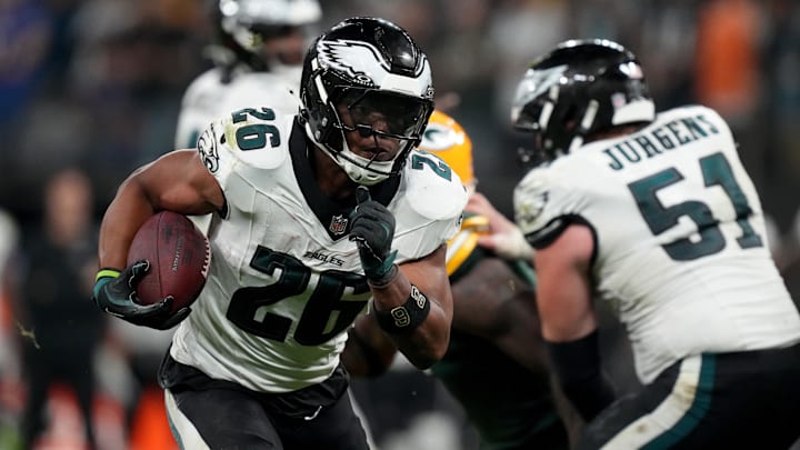 Sep 6, 2024; Sao Paulo, BRA; Philadelphia Eagles running back Saquon Barkley (26) runs during the first half against the Green Bay Packers at Neo Quimica Arena. Mandatory Credit: Kirby Lee-Imagn Images