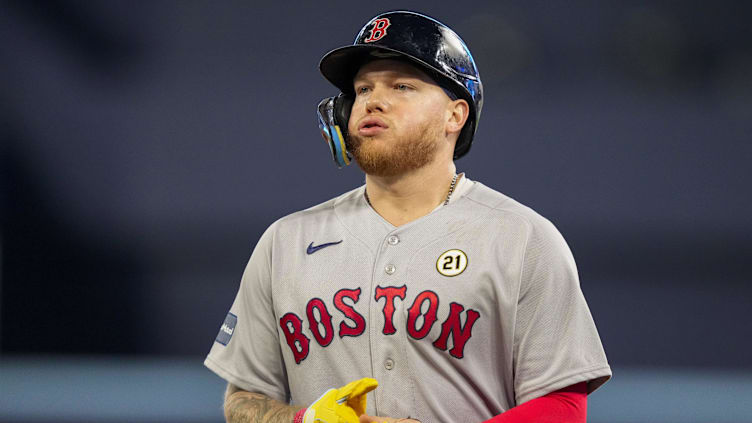 Sep 15, 2023; Toronto, Ontario, CAN; Boston Red Sox right fielder Alex Verdugo (99) reacts to being