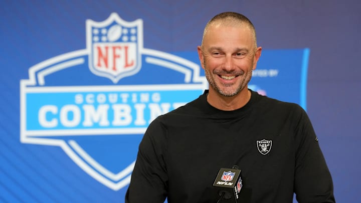 Feb 24, 2026; Indianapolis, IN, USA; Las Vegas Raiders general manager John Spytek speaks at the NFL Scouting Combine at the Indiana Convention Center. Mandatory Credit: Kirby Lee-Imagn Images