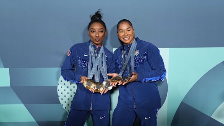 Simone Biles and Jordan Chiles of the United States poses for a photo after day three of the gymnastics event finals during the Paris 2024 Olympic Summer Games. Simone Biles and Jordan Chiles of the United States poses for a photo after day three of the gymnastics event finals during the Paris 2024 Olympic Summer Games.