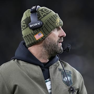 Nov 10, 2025; Green Bay, Wisconsin, USA; Philadelphia Eagles head coach Nick Sirianni on the sidelines in the first half against the Green Bay Packers at Lambeau Field. 