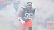 Nov 16, 2025; Cleveland, Ohio, USA; Cleveland Browns defensive end Myles Garrett (95) runs out during player introductions prior to a game against Baltimore Ravens at Huntington Bank Field. Mandatory Credit: Ken Blaze-Imagn Images