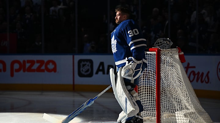 Dec 28, 2024; Toronto, Ontario, CAN; Toronto Maple Leafs goalie Matt Murray (30) stands in his goal crease during the playing of national anthems before playing the Washington Capitals at Scotiabank Arena. Mandatory Credit: Dan Hamilton-Imagn Images