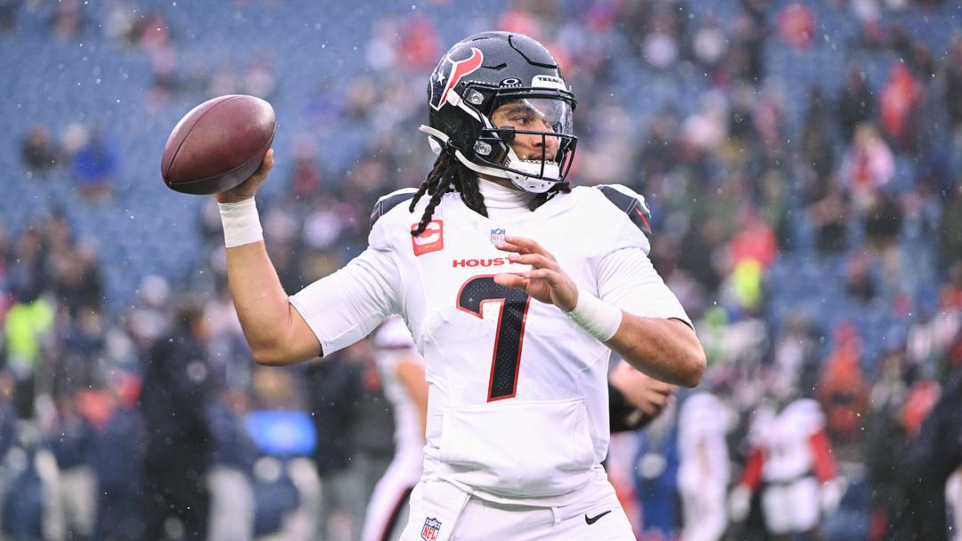 Jan 18, 2026; Foxborough, MA, USA; Houston Texans quarterback C.J. Stroud (7) warms up before an AFC Divisional Round game against the New England Patriots at Gillette Stadium. Mandatory Credit: Brian Fluharty-Imagn Images