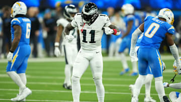 Dec 8, 2025; Inglewood, California, USA;  Philadelphia Eagles wide receiver A.J. Brown (11) reacts in the second half against the Los Angeles Chargers at SoFi Stadium. Mandatory Credit: Kirby Lee-Imagn Images