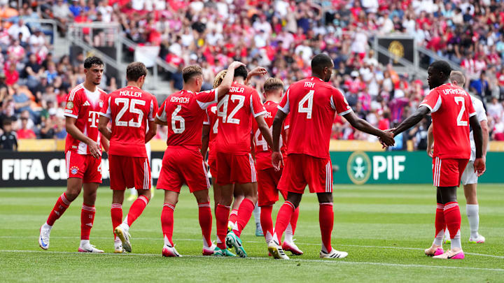 Bayern Munich players celebrating a goal against Auckland City in their opening game of the Club World Cup.