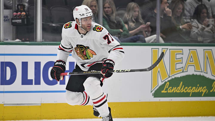 Nov 7, 2024; Dallas, Texas, USA; Chicago Blackhawks left wing Taylor Hall (71) in action during the game between the Dallas Stars and the Chicago Blackhawks at the American Airlines Center. Mandatory Credit: Jerome Miron-Imagn Images Nov 7, 2024; Dallas, Texas, USA; Chicago Blackhawks left wing Taylor Hall (71) in action during the game between the Dallas Stars and the Chicago Blackhawks at the American Airlines Center. Mandatory Credit: Jerome Miron-Imagn Images