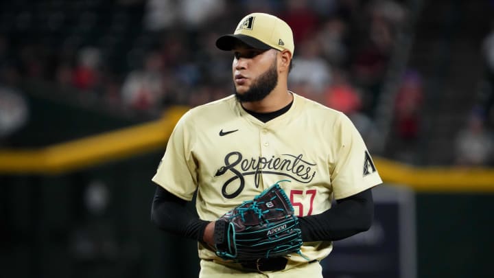 Aug 13, 2024; Phoenix, Arizona, USA; Arizona Diamondbacks pitcher Eduardo Rodriguez (57) pitches against the Colorado Rockies during the first inning at Chase Field. Mandatory Credit: Joe Camporeale-USA TODAY Sports