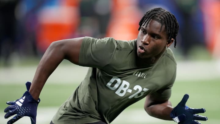 Mar 1, 2024; Indianapolis, IN, USA; Georgia defensive back Kamari Lassiter (DB23) works out during the 2024 NFL Combine at Lucas Oil Stadium. Mandatory Credit: Kirby Lee-USA TODAY Sports