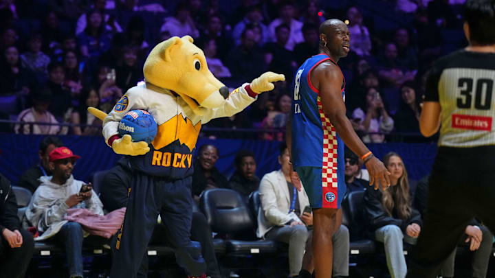 Denver Nuggets mascot Rocky the Mountain Lion gestures in front of Terrell Owens (81) of Team Rice during the celebrity game ahead of the 2025 NBA All Star Game at Oakland Arena on Feb. 14. Denver Nuggets mascot Rocky the Mountain Lion gestures in front of Terrell Owens (81) of Team Rice during the celebrity game ahead of the 2025 NBA All Star Game at Oakland Arena on Feb. 14.