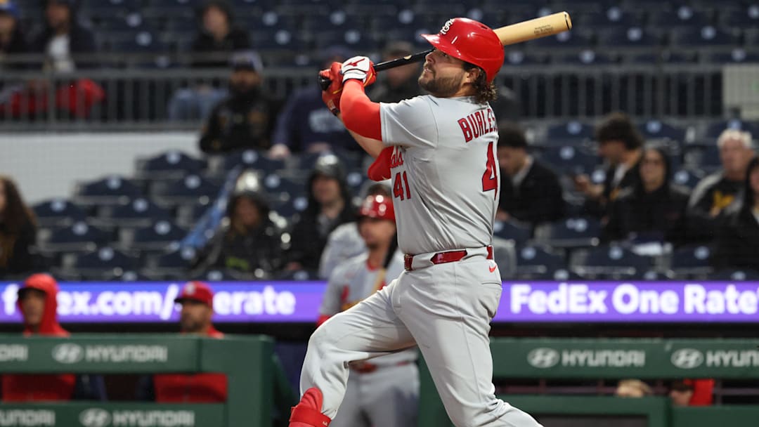 Apr 29, 2026; Pittsburgh, Pennsylvania, USA;  St. Louis Cardinals first baseman Alec Burleson (41) hits a two-run home run against the Pittsburgh Pirates during the fifth inning at PNC Park. Mandatory Credit: Charles LeClaire-Imagn Images