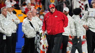 Nov 17, 2024; Orchard Park, New York, USA; Kansas City Chiefs head coach Andy Reid looks on from the sideline against the Buffalo Bills during the first half at Highmark Stadium.