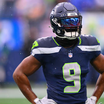 Dec 22, 2024; Seattle, Washington, USA; Seattle Seahawks running back Kenneth Walker III (9) during warmups before the game against the Minnesota Vikings at Lumen Field. Mandatory Credit: Steven Bisig-Imagn Images