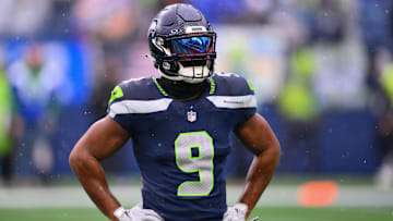 Dec 22, 2024; Seattle, Washington, USA; Seattle Seahawks running back Kenneth Walker III (9) during warmups before the game against the Minnesota Vikings at Lumen Field. Mandatory Credit: Steven Bisig-Imagn Images