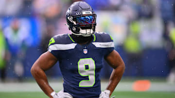 Dec 22, 2024; Seattle, Washington, USA; Seattle Seahawks running back Kenneth Walker III (9) during warmups before the game against the Minnesota Vikings at Lumen Field. Mandatory Credit: Steven Bisig-Imagn Images