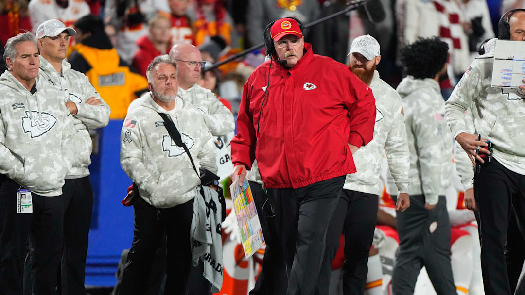 Nov 17, 2024; Orchard Park, New York, USA; Kansas City Chiefs head coach Andy Reid looks on from the sideline against the Buffalo Bills during the first half at Highmark Stadium. Mandatory Credit: Gregory Fisher-Imagn Images