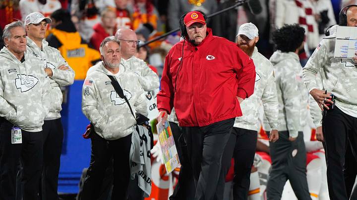 Nov 17, 2024; Orchard Park, New York, USA; Kansas City Chiefs head coach Andy Reid looks on from the sideline against the Buffalo Bills during the first half at Highmark Stadium. Mandatory Credit: Gregory Fisher-Imagn Images