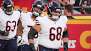Aug 22, 2024; Kansas City, Missouri, USA; Chicago Bears center Doug Kramer Jr. (68) runs onto the field against the Kansas City Chiefs prior to a game at GEHA Field at Arrowhead Stadium.