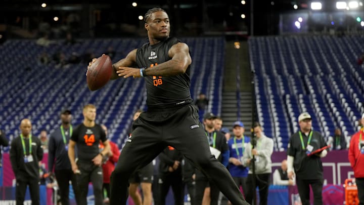 Mar 1, 2025; Indianapolis, IN, USA; Alabama quarterback Jalen Milroe (QB11) during the 2025 NFL Combine at Lucas Oil Stadium. Mandatory Credit: Kirby Lee-Imagn Images