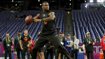 Mar 1, 2025; Indianapolis, IN, USA; Alabama quarterback Jalen Milroe (QB11) during the 2025 NFL Combine at Lucas Oil Stadium. Mandatory Credit: Kirby Lee-Imagn Images