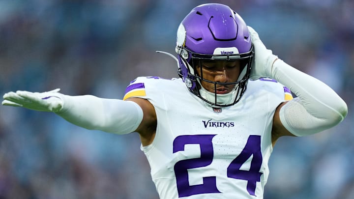 Minnesota Vikings safety Camryn Bynum celebrates an interception against the Jacksonville Jaguars