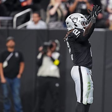 Nov 2, 2025; Paradise, Nevada, USA; Las Vegas Raiders running back Ashton Jeanty (2) celebrates after scoring a touchdown during the second half against the Jacksonville Jaguars at Allegiant Stadium. Mandatory Credit: Kirby Lee-Imagn Images
