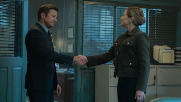 L-R: Jeremy Renner as Mike McLusky and Edie Falco as Nina Hobbs in Mayor of Kingstown episode 1, season 4, streaming on Paramount+, 2025. Credit: Dennis P. Mong Jr./Paramount+