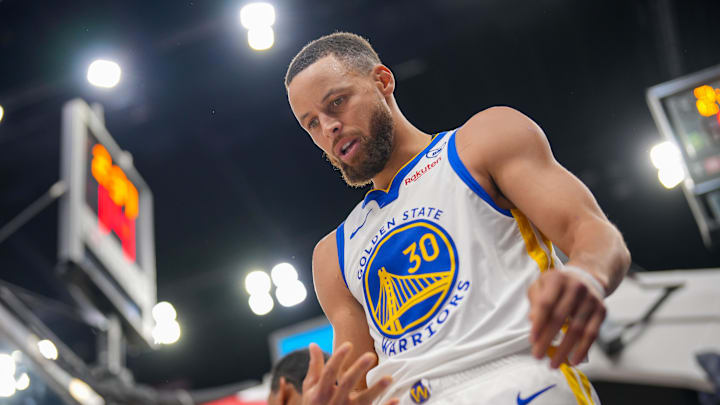 Mar 24, 2024; Minneapolis, Minnesota, USA; Golden State Warriors guard Stephen Curry (30) after a foul against the Minnesota Timberwolves in the fourth quarter at Target Center. Mandatory Credit: Brad Rempel-Imagn Images