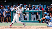 Jun 7, 2025; Chapel Hill, NC, USA; Arizona outfielder Easton Breyfogle (12) prepares to hit the ball during the third inning of the Super Regionals game against North Carolina in Chapel Hill, North Carolina. Mandatory Credit: Jaylynn Nash-Imagn Images