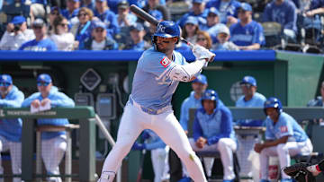 Apr 10, 2025; Kansas City, Missouri, USA; Kansas City Royals left fielder MJ Melendez (1) at bat against the Minnesota Twins during the game at Kauffman Stadium. Mandatory Credit: Denny Medley-Imagn Images