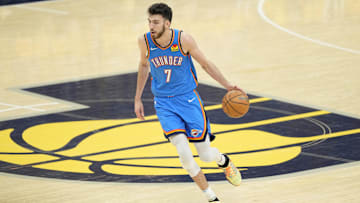 Jun 13, 2025; Indianapolis, Indiana, USA; Oklahoma City Thunder forward Chet Holmgren (7) dribbles the ball against the Indiana Pacers during the first half during game four of the 2025 NBA Finals at Gainbridge Fieldhouse. Mandatory Credit: Kyle Terada-Imagn Images
