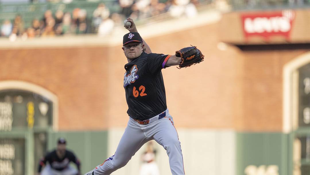 May 5, 2026; San Francisco, California, USA; San Francisco Giants pitcher Logan Webb (62) pitches during the first inning against the San Diego Padres at Oracle Park. 