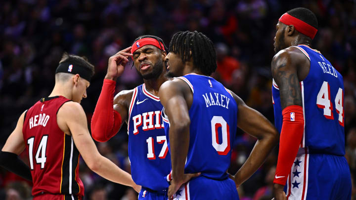 Feb 14, 2024; Philadelphia, Pennsylvania, USA; Philadelphia 76ers guard Buddy Hield (17) reacts with guard Tyrese Maxey (0) against the Miami Heat in the second quarter at Wells Fargo Center. Mandatory Credit: Kyle Ross-USA TODAY Sports