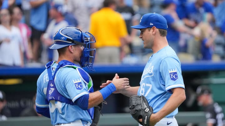 Kansas City Royals starting pitcher Seth Lugo (67) celebrates with catcher Freddy Fermin (34) after the win over the Chicago White Sox at Kauffman Stadium on July 21.