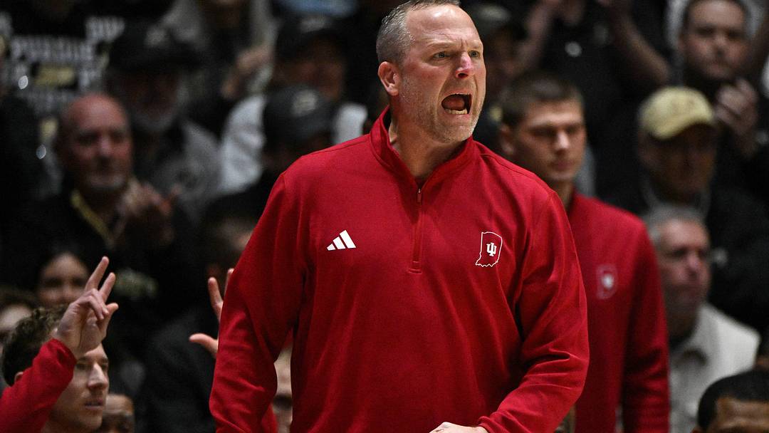 Feb 20, 2026; West Lafayette, Indiana, USA; Indiana Hoosiers head coach Darian Devries reacts to a call during the first half against the Purdue Boilermakers at Mackey Arena. Mandatory Credit: Marc Lebryk-Imagn Images