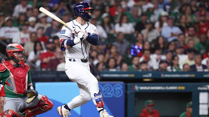 Mar 9, 2026; Houston, TX, United States; United States infielder Bryce Harper (24) hits a single in the third inning against Mexico at Daikin Park. Mandatory Credit: Troy Taormina-Imagn Images