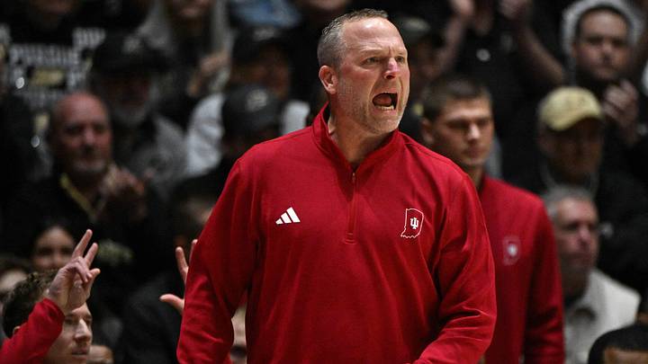 Feb 20, 2026; West Lafayette, Indiana, USA; Indiana Hoosiers head coach Darian Devries reacts to a call during the first half against the Purdue Boilermakers at Mackey Arena. Mandatory Credit: Marc Lebryk-Imagn Images
