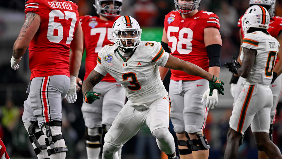 Miami defensive end Akheem Mesidor celebrates a sack against Ohio State