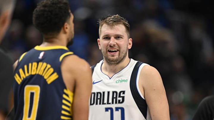 Nov 4, 2024; Dallas, Texas, USA; Dallas Mavericks guard Luka Doncic (77) during the game between the Dallas Mavericks and the Indiana Pacers at American Airlines Center. Mandatory Credit: Jerome Miron-Imagn Images