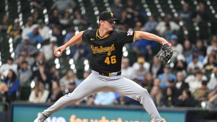 May 14, 2024; Milwaukee, Wisconsin, USA; Pittsburgh Pirates pitcher Quinn Priester (46) delivers a pitch against the Milwaukee Brewers in the sixth inning at American Family Field. Mandatory Credit: Michael McLoone-USA TODAY Sports